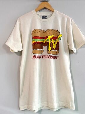 MTV Retro 80's Hamburger Logo Cream T Shirt Size XL NWOT